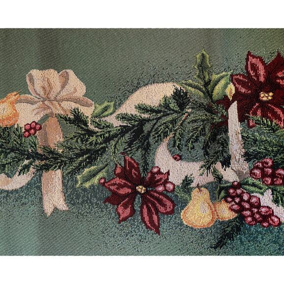 Poinsettia Christmas Table Runner Woven Tapestry Candles Bow Garland NWT 13x72" - Picture 8 of 10